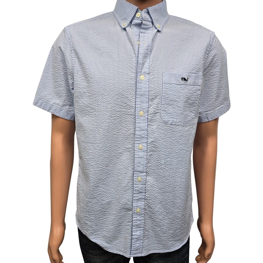 Vineyard Vines Seersucker Shirt Men S Short Sleeves Stretch Blue Striped Whale - Picture 4 of 13